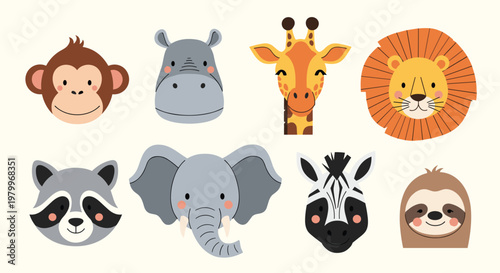 Large colorful animal heads of a monkey, hippo, giraffe, lion, raccoon, elephant, zebra, and sloth on a pale beige background.