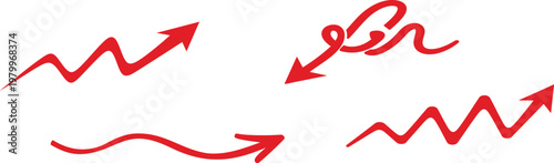 Red arrow collection dynamic lines and curves illustrating growth decline and directional movement