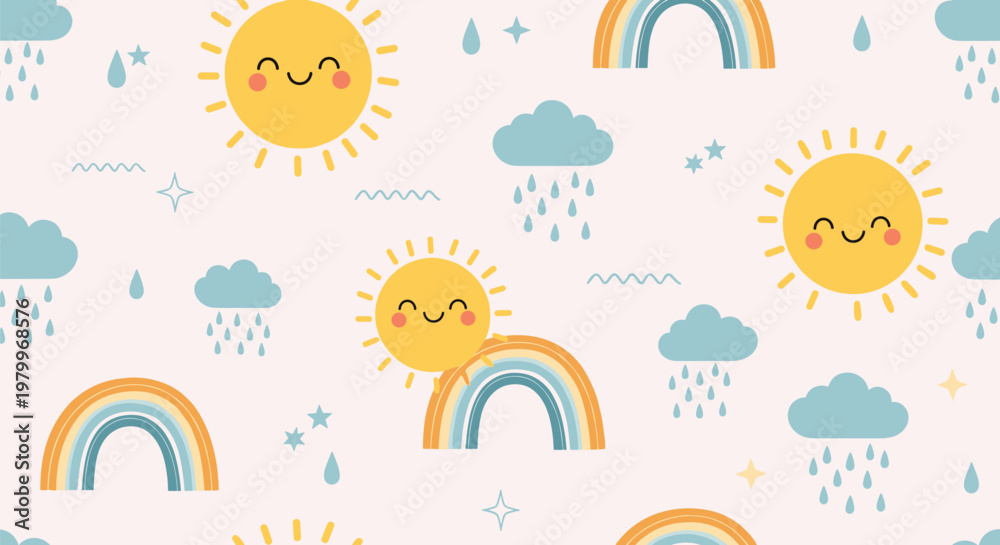 Fototapeta premium Gentle seamless pattern featuring happy suns, colorful rainbows, blue rain clouds, and falling droplets on a soft pink background.