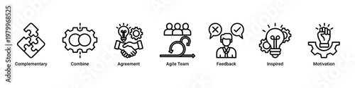 Team Collaboration devops banner with teamwork,feedback and communication icons for agile culture and team synergy