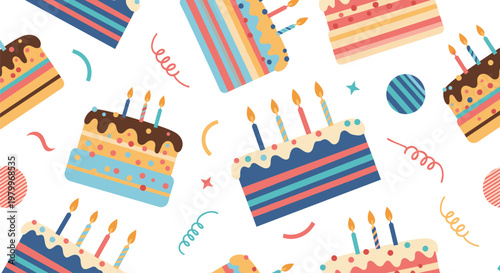 Festive seamless pattern showing different colorful birthday cakes with candles, confetti, and ribbons on a white background.