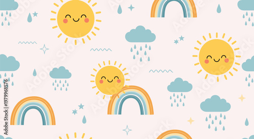 Gentle seamless pattern featuring happy suns, colorful rainbows, blue rain clouds, and falling droplets on a soft pink background.