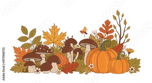 Picturesque autumn scene featuring pumpkins, varied mushrooms, colorful fall leaves, and a butterfly on a white background.