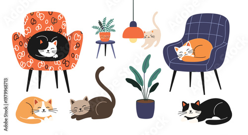 Relaxing illustration of cute cats sleeping on armchairs, playing with lamps, and lounging near indoor plants at home.