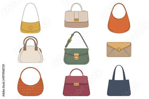 Collection of illustrated handbags in various styles and colors displayed neatly