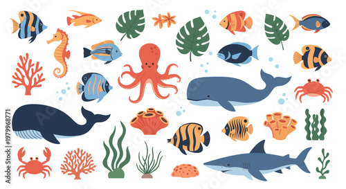 Vibrant collection of marine life featuring whales, shark, octopus, seahorse, crab, and diverse fish among coral reefs.