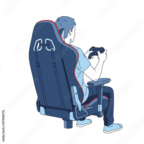 Gamer sitting in a racing style chair playing video games with a controller, back view