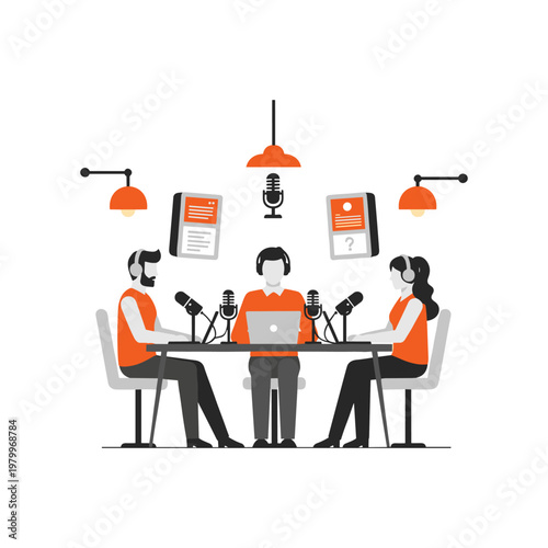 Three people recording a podcast together in a studio setting