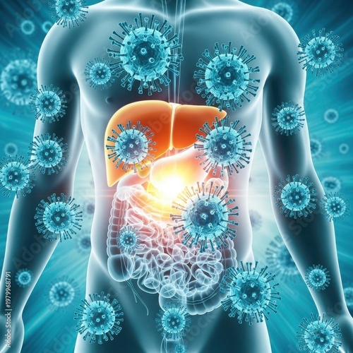 Illustration of the human body with viruses attacking the liver and digestive system