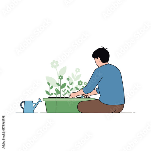 Gardener planting seedlings in a tray with a watering can nearby