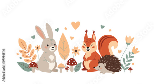 Forest friends including a rabbit, squirrel, and hedgehog gather among colorful leaves, flowers, and mushrooms on a white background.