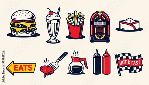 Vintage American Diner Food and Nostalgic Restaurant Icon Set