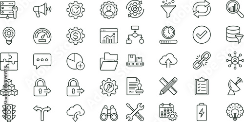 Business workflow optimization outline icon set with analytics automation monitoring productivity management symbols for dashboards apps presentations websites interface design
