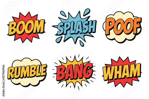 Colorful comic book sound effects boom splash poof and more