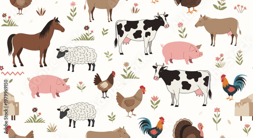 Seamless pattern shows a variety of farm animals like cows, pigs, horses, and sheep grazing in a beautiful flowery field.