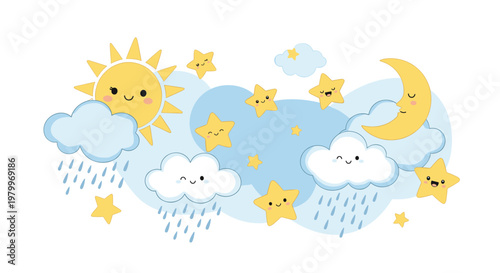 Smiling sun, moon, and stars are accompanied by rainy clouds in a whimsical and cute sky themed illustration.