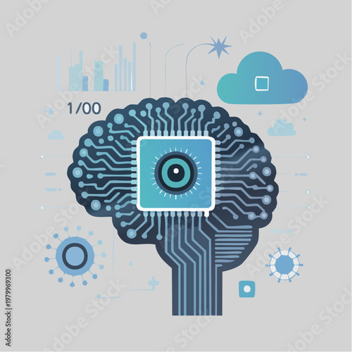 A futuristic illustration of a human brain with circuit board patterns and various technological symbols surrounding it in a digital environment from a conceptual viewpoint.