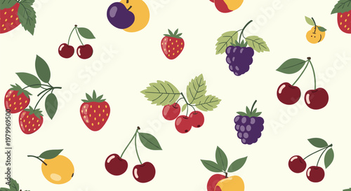 Mixed berry pattern features a delicious assortment of strawberries, cherries, and blackberries with green leaves on a cream base.