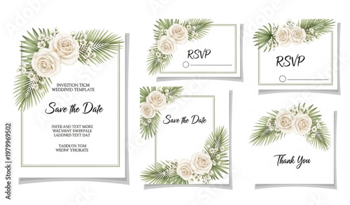 Elegant wedding floral watercolor template set with white roses greenery invite rsvp save the date cards