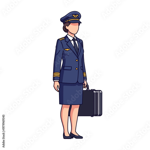 Pixel Art Female Pilot in Uniform with Suitcase, Ready for Travel