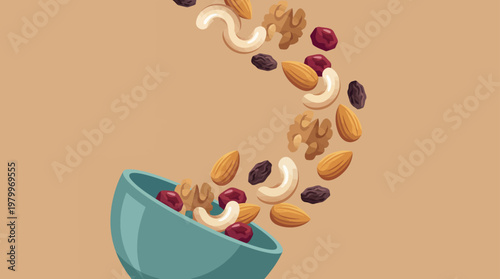 Illustration of assorted almonds cashews walnuts and dried raisins falling into a blue ceramic bowl on solid background, concept for healthy snack promotion organic diet and nutrition