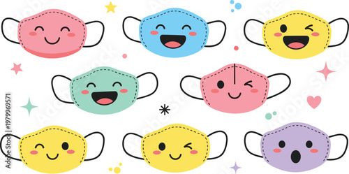 Colorful Face Masks with Cute Expressions Vector Set Featuring Smiles, Winks, and Fun Symbols for Health and Safety Themes
