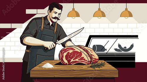Vintage illustration of a butcher shop owner cutting raw beef steak on wooden table, concept for gourmet meat advertising, business identity and food industry marketing