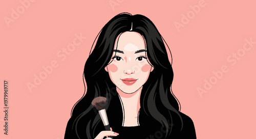 Woman with makeup brush illustration on pink background vector graphic