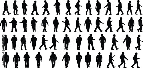 A large collection of silhouetted people walking in various poses creating a dynamic crowd scene