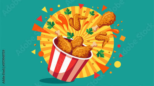 Crispy fried chicken pieces with drumsticks and wings flying out from red striped bucket on sunburst background, concept for fast food advertisement, menu and snack marketing campaign