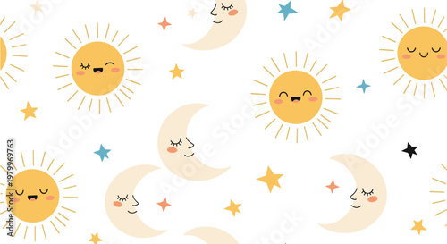 Cute nursery pattern showcases smiling suns, crescent moons, and colorful stars in a whimsical sky themed repeating design.