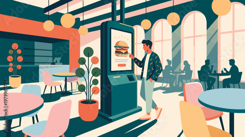 Young marketing executive using digital self-service kiosk to order burger in modern restaurant interior, concept for restaurant technology, automated customer service and smart dining experience