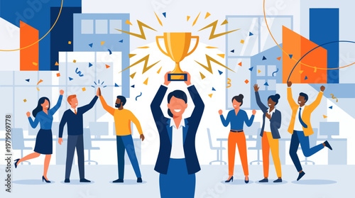 Successful female executive manager holding gold trophy while diverse office team celebrating victory with confetti in office, concept for career achievement, leadership and teamwork