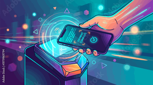 Entrepreneur hand holding smartphone over contactless terminal to complete digital transaction in vibrant neon city, concept for mobile payment, fintech innovation and financial technology