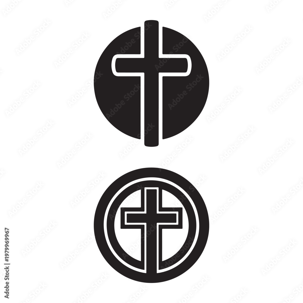Fototapeta premium Two circular designs featuring a cross with stark contrast presented as a silhouette