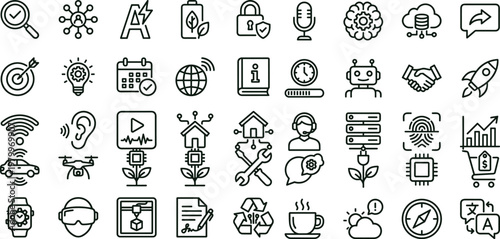 Smart technology artificial intelligence outline icon set with automation communication security analytics innovation symbols for dashboards apps presentations web interfaces