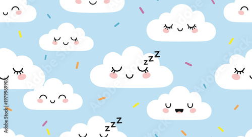 Seamless pattern with cute smiling and sleeping cartoon clouds on a light blue background decorated with colorful sprinkles for kids.