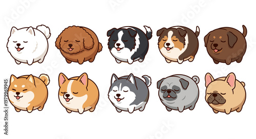 Large Collection of Round Dog Breed Icons Set, Cute Sleeping Puppy Faces from Husky Pug Corgi to Shiba Inu Vector Illustration for Pet Lovers