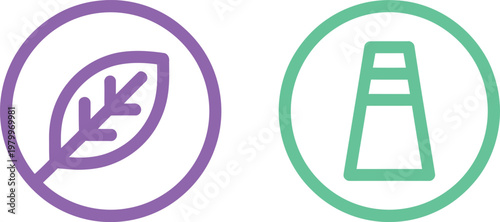 Purple leaf icon next to a green industrial chimney icon representing environment and factory balance