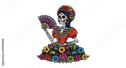 Day of the Dead Woman Skeleton with Fan and Floral Dress