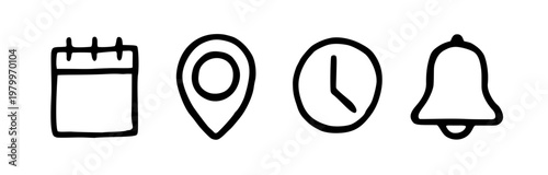 date time place bell notification icons clock map pin calendar hand drawn doodle icon vector collection