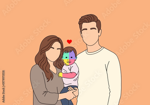 Minimalist Family Portrait with Neurodiverse Child, Autism Awareness Month Concept Illustration, Parents Supporting a Child with ASD