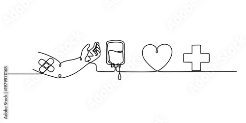 A single continuous line drawing illustrating the concept of blood donation and medical support