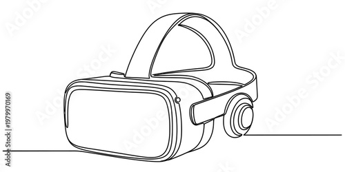 A continuous single line drawing of a virtual reality headset with integrated side headphones