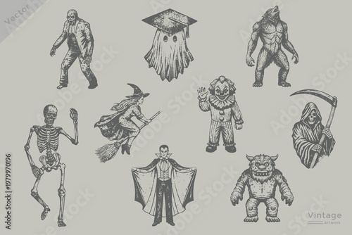 Vintage Halloween elements set vector illustration. grunge dotted texture vampire, zombie, skeleton, grim reaper, werewolf, devil, monster, scary, Witch flying, ghost in engraving style