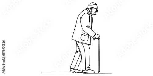 A black and white line art illustration of an elderly man walking slowly with a wooden cane support
