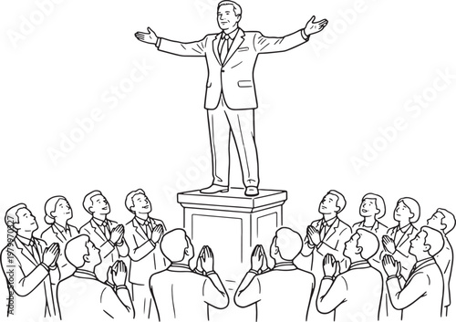 A leader standing on a pedestal with a crowd of followers applauding
