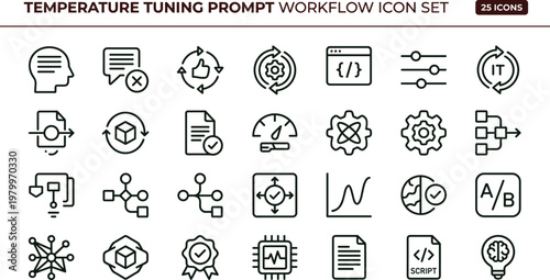 Temperature tuning prompt workflow outline icon set with parameter optimization analytics configuration symbols for dashboards apps presentations web interface development systems