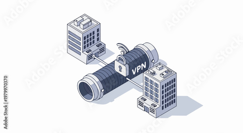 Isometric Illustration of a Secure VPN Tunnel Connecting Two Corporate Office Buildings for Encrypted Data Privacy and Network Security