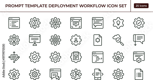Prompt template deployment workflow outline icon set with automation configuration integration management symbols for dashboards apps presentations web interface development systems